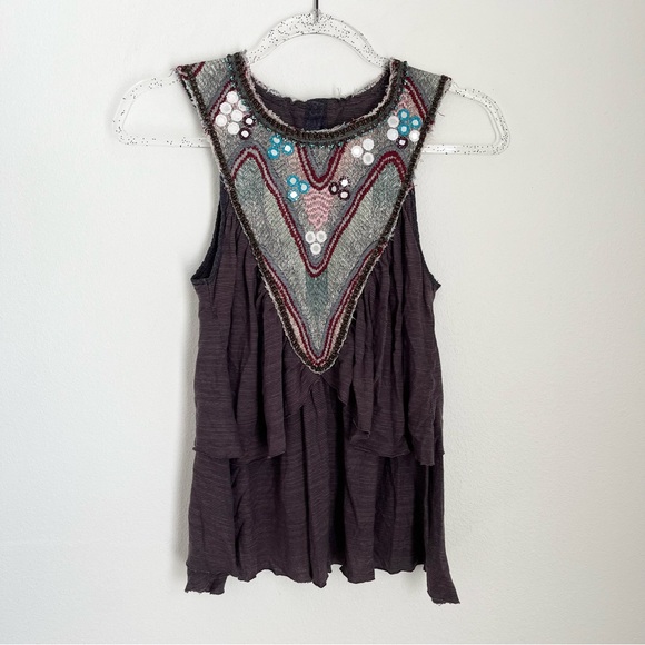 Free People Tops - Free People Purple Blouse Boho Size XS Embellished V-Neck Sleeveless Tank Top